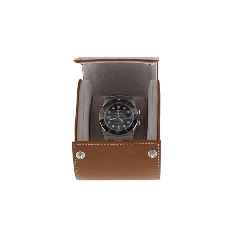 Single Watch Roll in Medium Brown Leather with Super Soft Lining