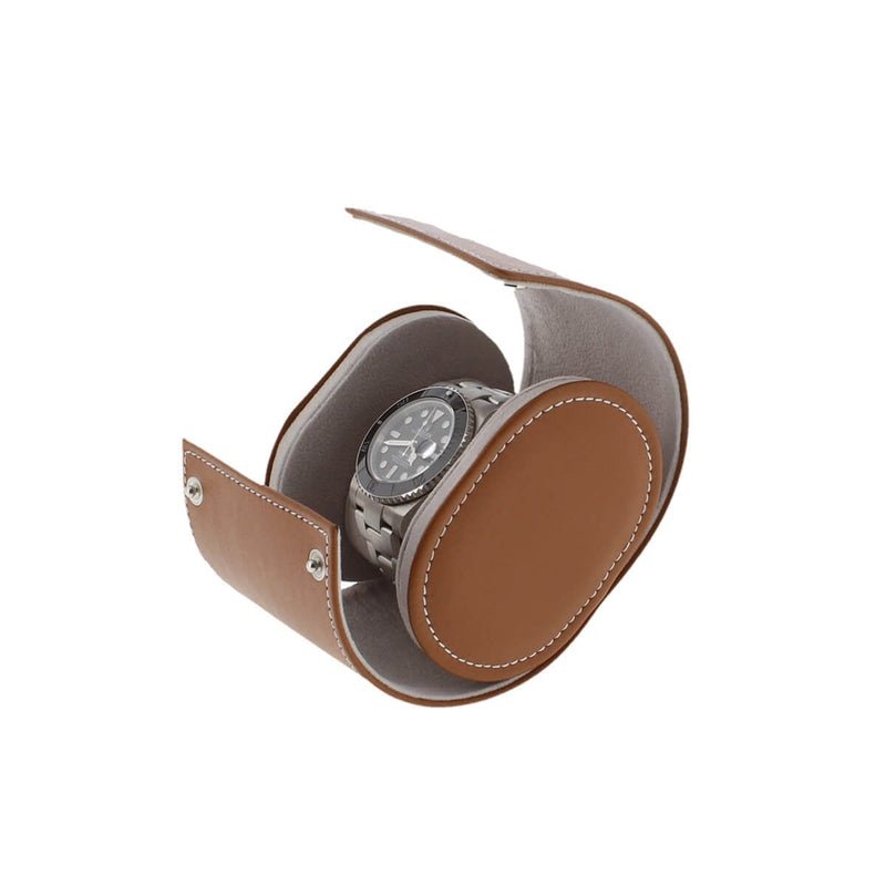 Single Watch Roll in Medium Brown Leather with Super Soft Lining