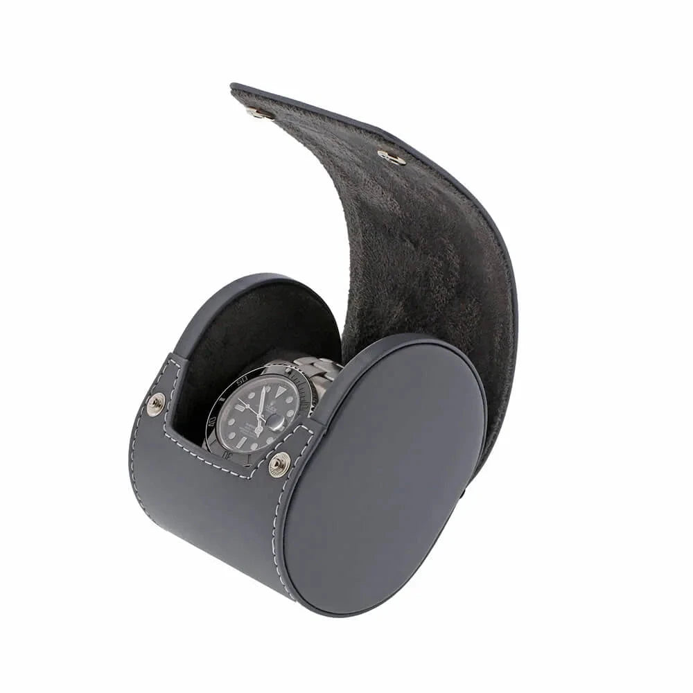 Single Watch Roll in Smooth Grey Leather with Super Soft Lining