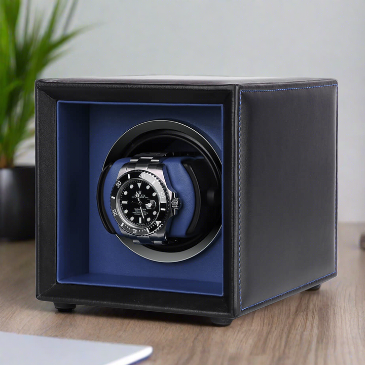 Single Watch Winder Black Leather Blue Lining Mains or Battery by Aevitas