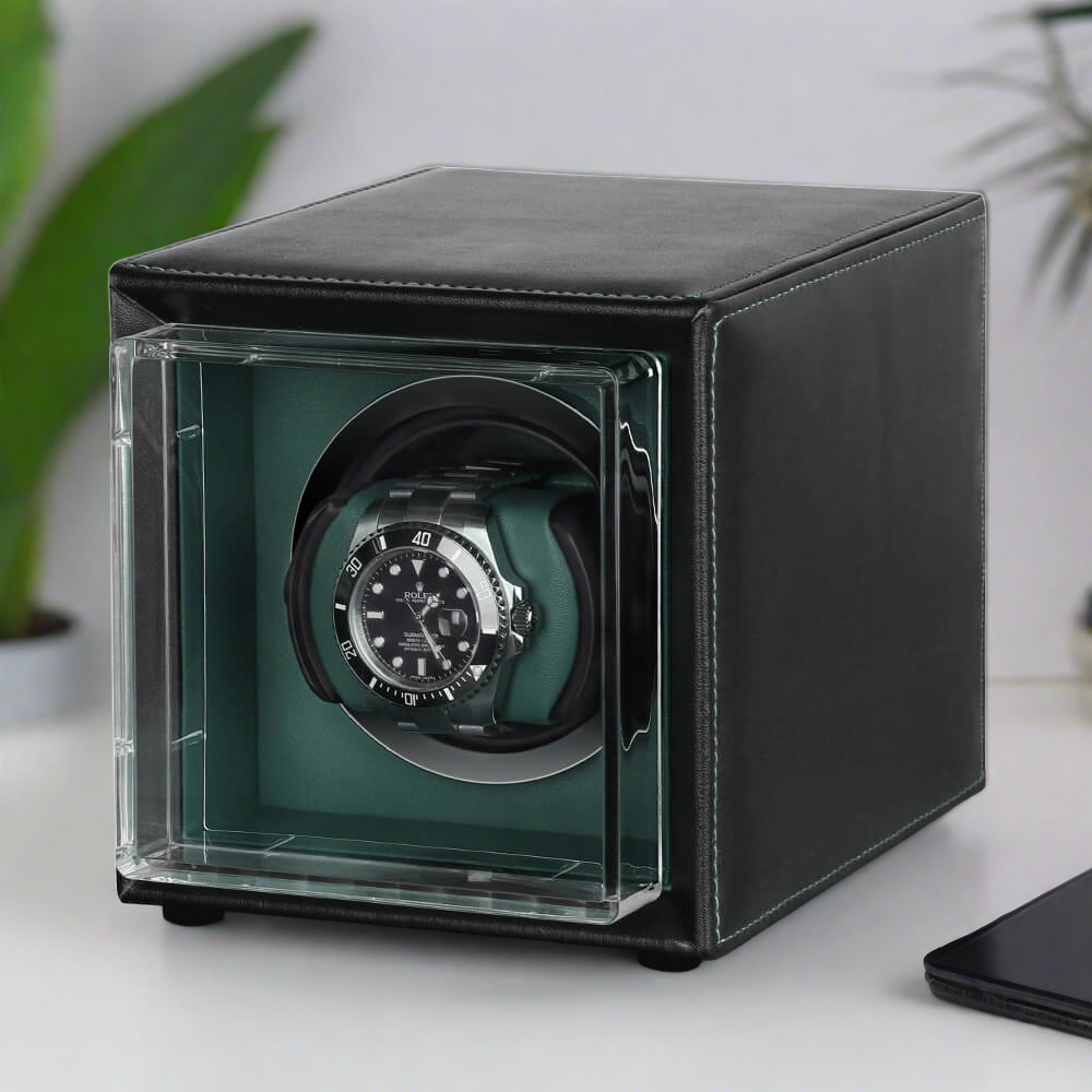 Single Watch Winder Black Leather Green Lining Mains or Battery by Aevitas