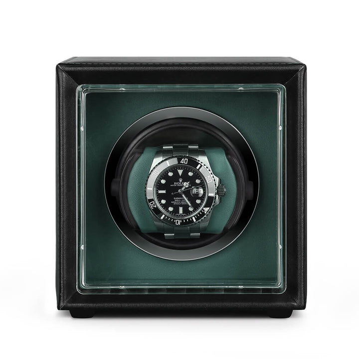 Single Watch Winder Black Leather Green Lining Mains or Battery by Aevitas
