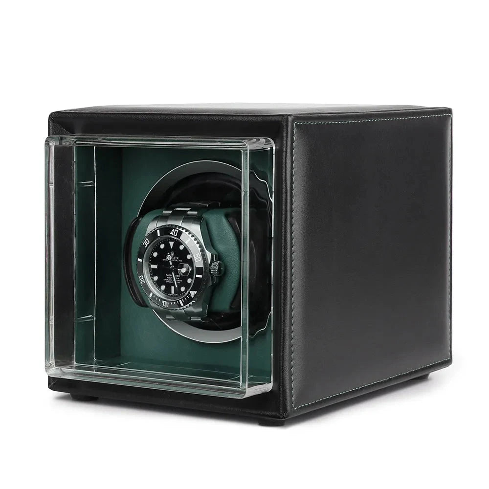 Single Watch Winder Black Leather Green Lining Mains or Battery by Aevitas