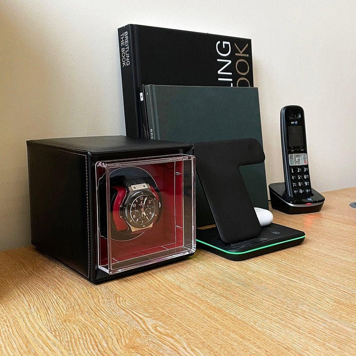 Single Watch Winder Black Leather Red Lining Mains or Battery by Aevitas