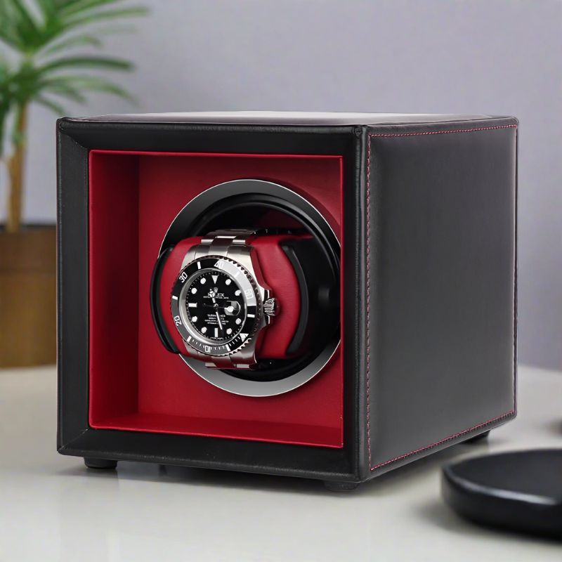 Single Watch Winder Black Leather Red Lining Mains or Battery by Aevitas