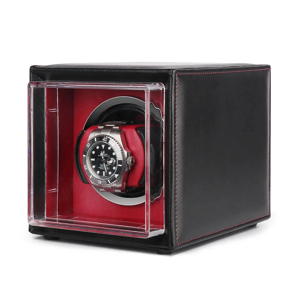 Single Watch Winder Black and Red Leather Finish by Aevitas