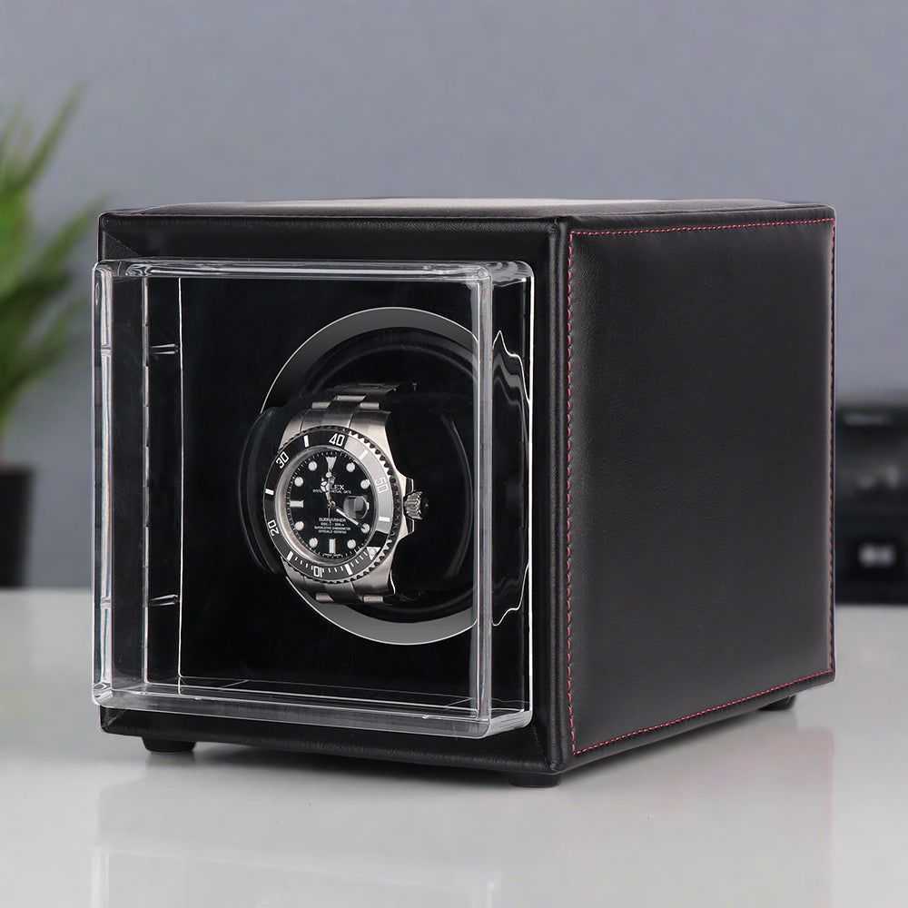 Single Watch Winder Black Leather Red Stitching Mains or Battery by Aevitas