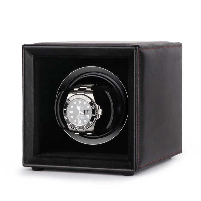 Single Watch Winder Black Leather Red Stitching Mains or Battery by Aevitas