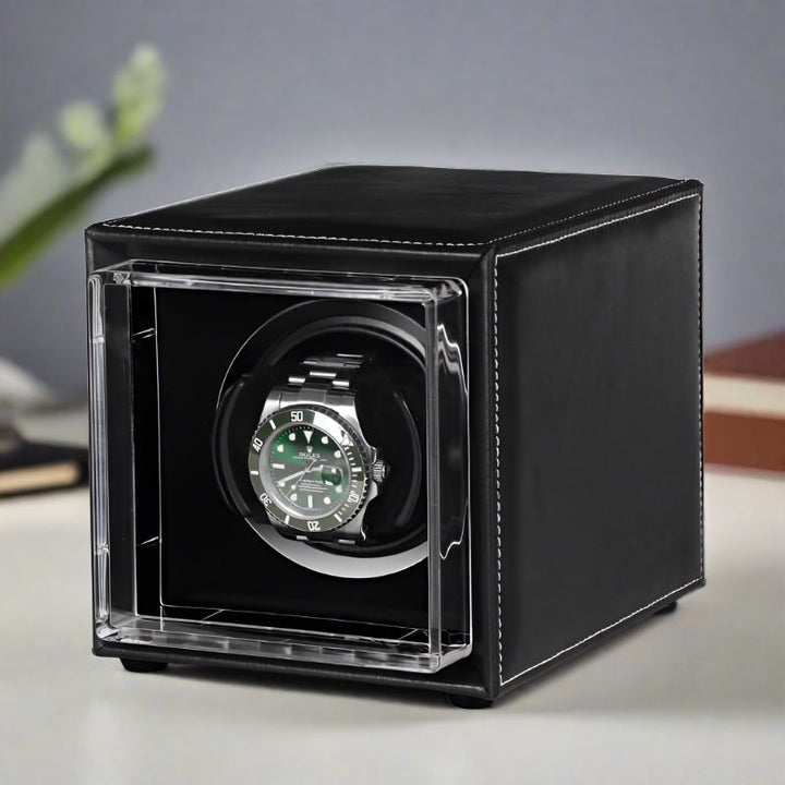 Single Watch Winder Black Leather White Stitching Mains or Battery by Aevitas