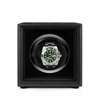 Single Watch Winder Black Leather White Stitching Mains or Battery by Aevitas