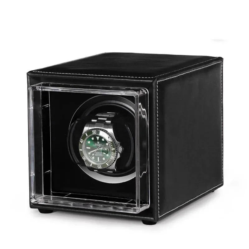 Single Watch Winder Black Leather White Stitching Mains or Battery by Aevitas