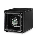 Single Watch Winder Black Leather White Stitching Mains or Battery by Aevitas
