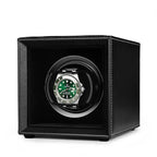 Single Watch Winder Black Leather White Stitching Mains or Battery by Aevitas