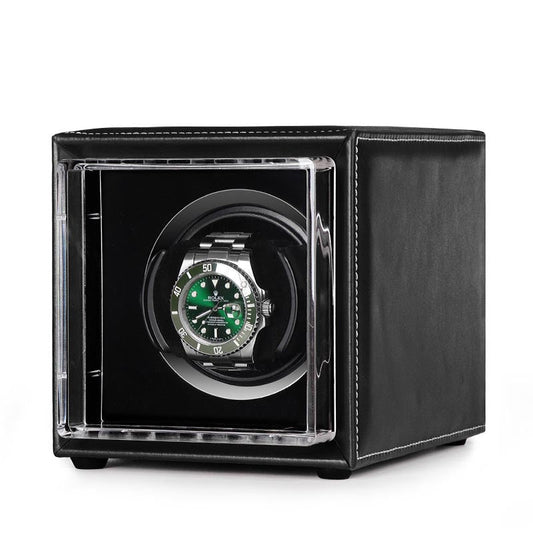 Single Watch Winder Black Leather White Stitching Mains or Battery by Aevitas