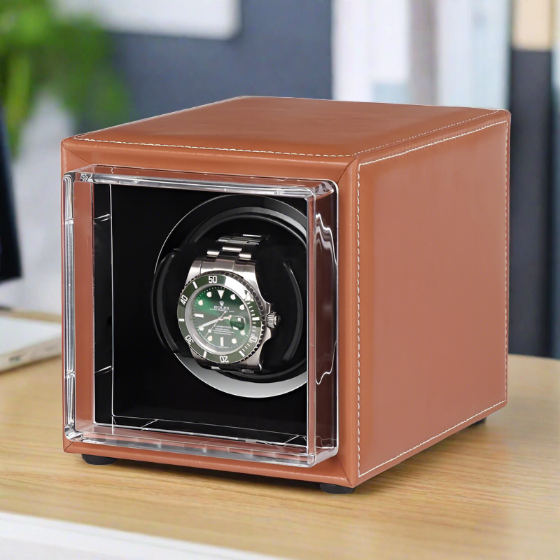Single Watch Winder Brown Leather White Stitching Mains or Battery by Aevitas