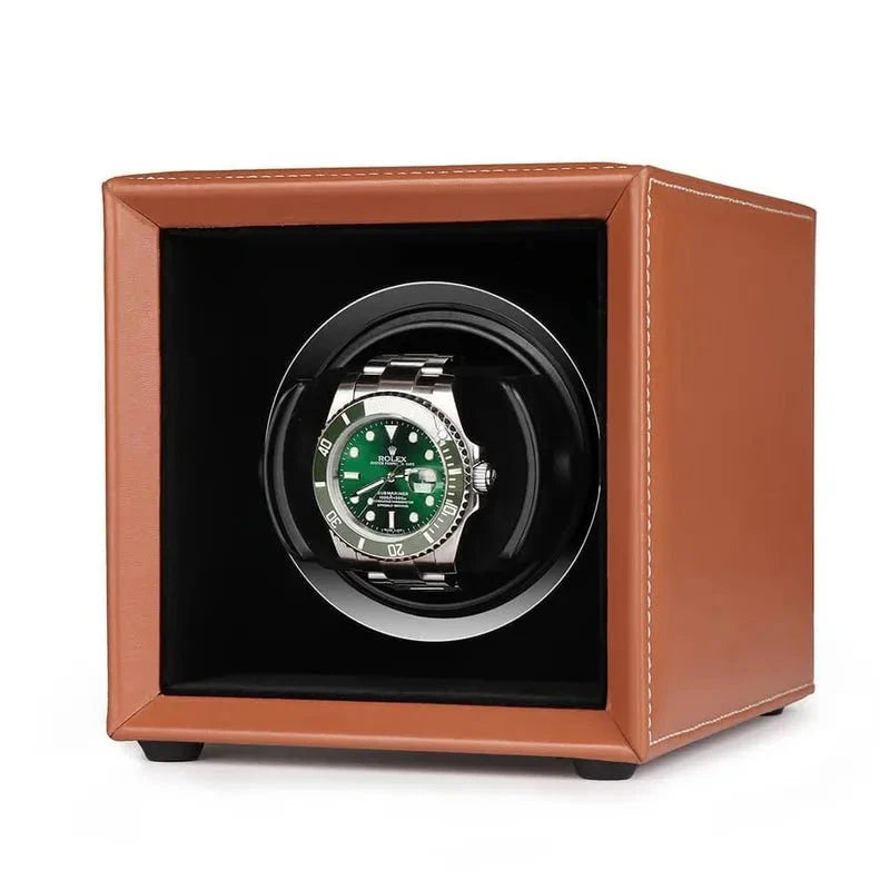 Single Watch Winder Brown Leather White Stitching Mains or Battery by Aevitas