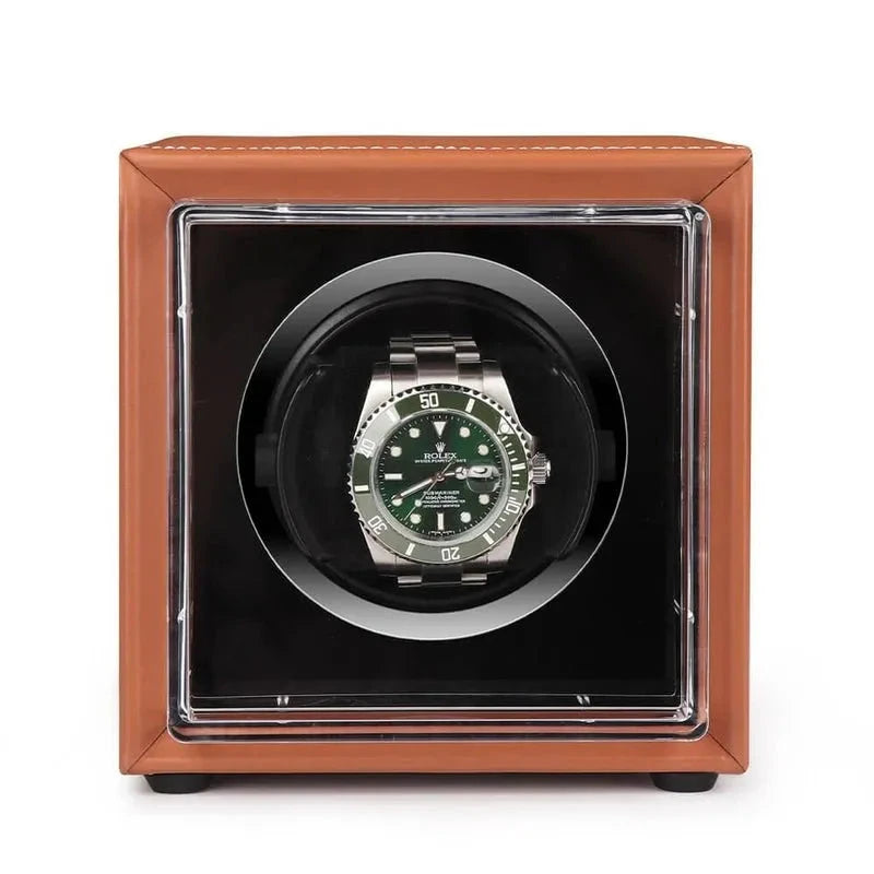 Single Watch Winder Brown Leather White Stitching Mains or Battery by Aevitas