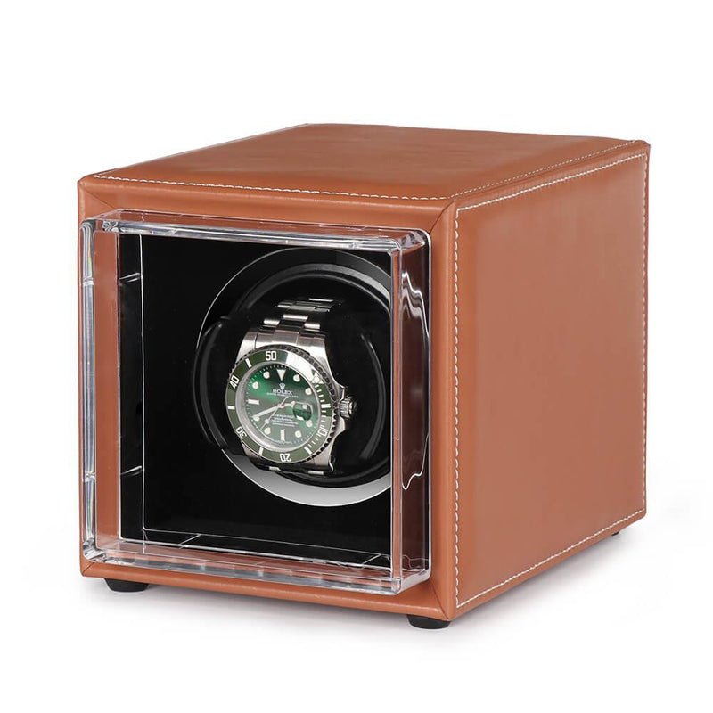 Single Watch Winder Brown Leather White Stitching Mains or Battery by Aevitas