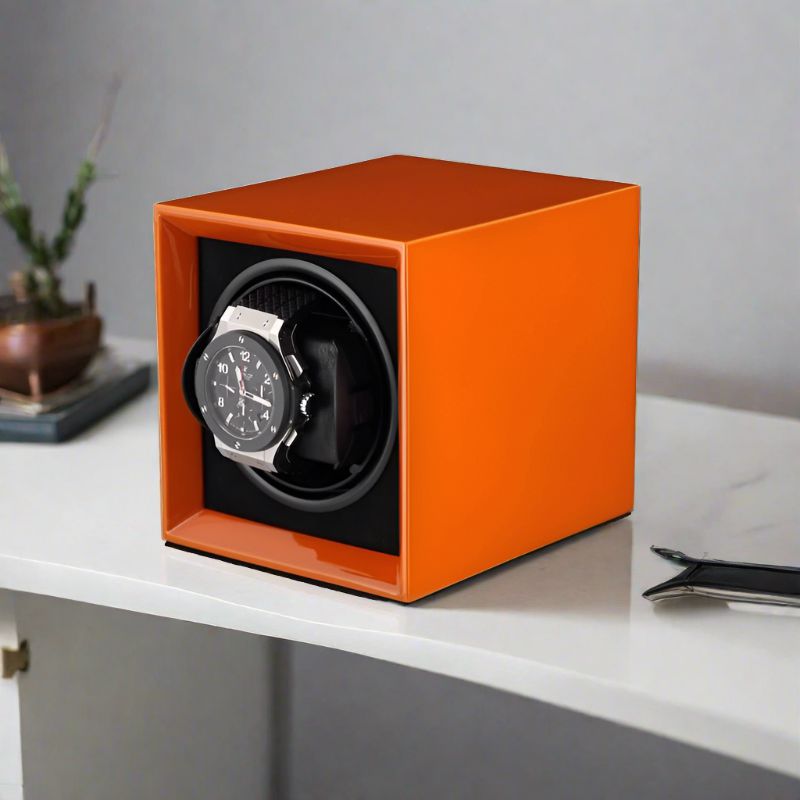 Single Watch Winder in Orange Piano Lacquered finish by Aevitas