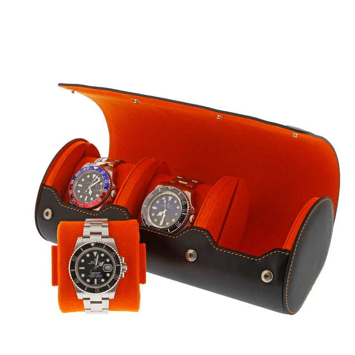 Triple Watch Roll Case Premium Black Nappa Leather with Orange Lining by Aevitas