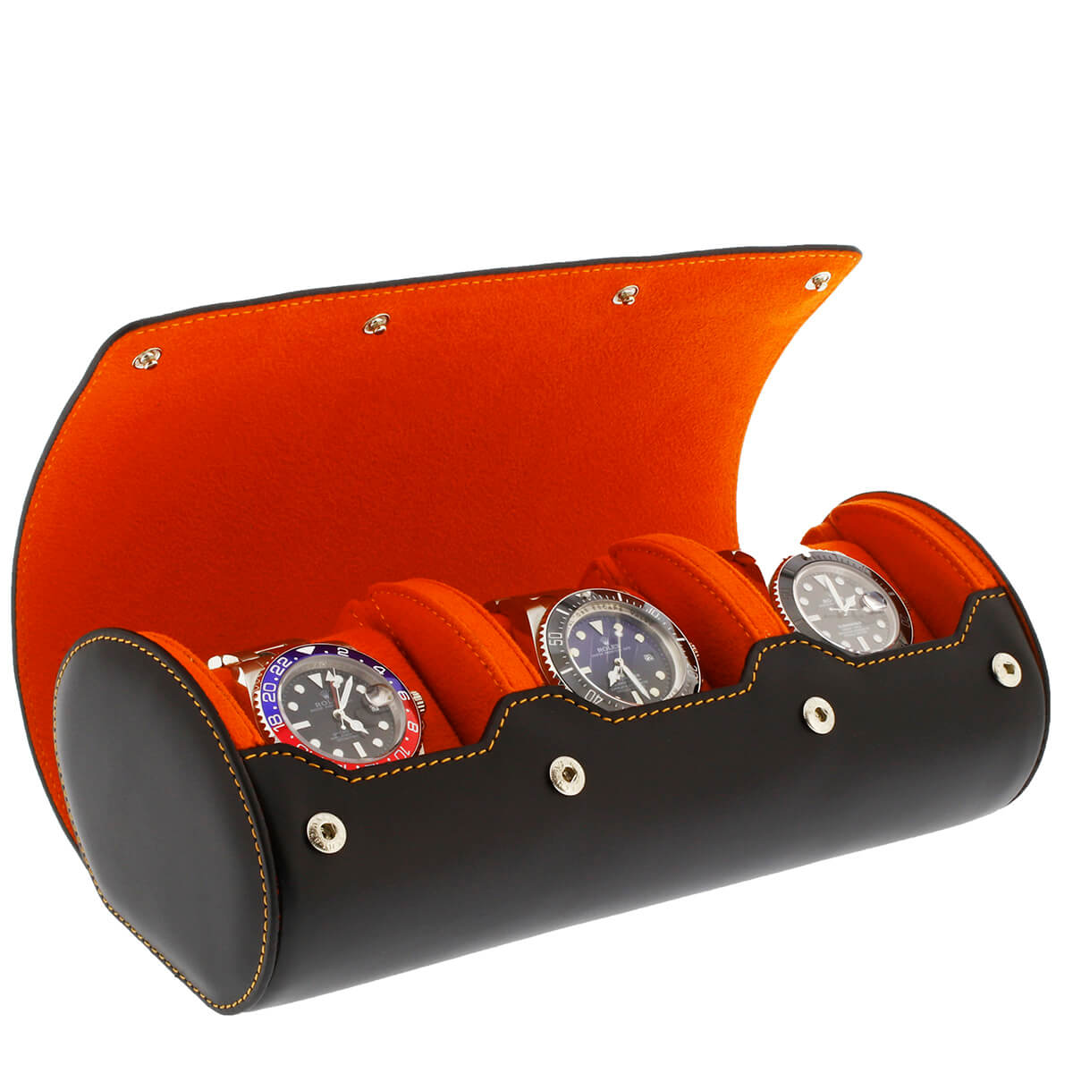 Triple Watch Roll Case Premium Black Nappa Leather with Orange Lining by Aevitas