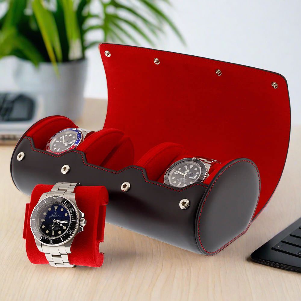 Triple Watch Roll Case Premium Black Nappa Leather with Red Lining by Aevitas