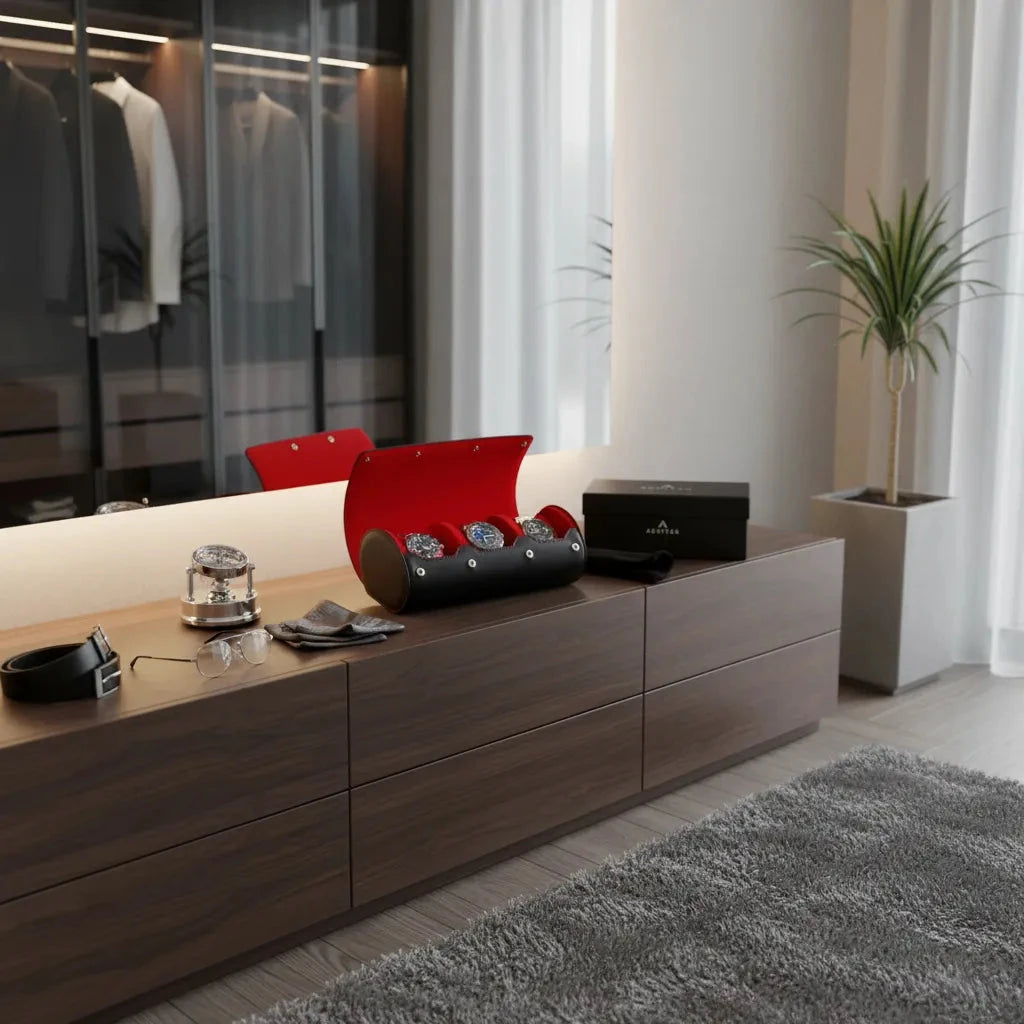 Triple Watch Roll Case Premium Black Nappa Leather with Red Lining by Aevitas