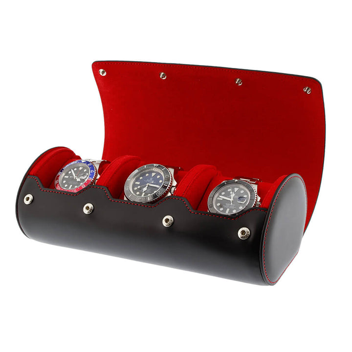 Triple Watch Roll Case Premium Black Nappa Leather with Red Lining by Aevitas