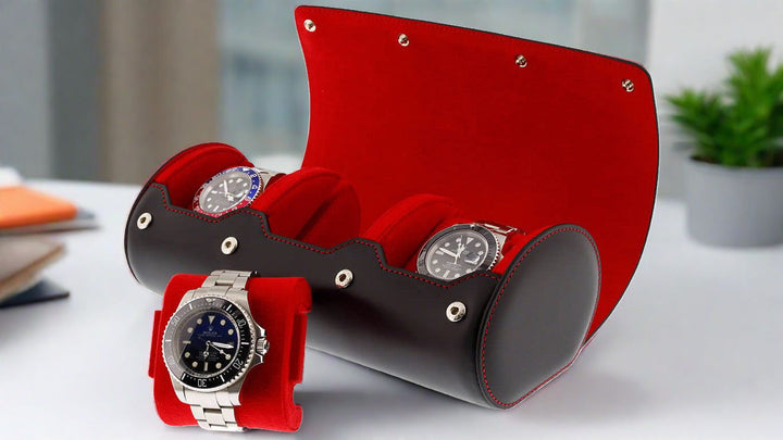 Triple Watch Roll Case Premium Black Nappa Leather with Red Lining by Aevitas