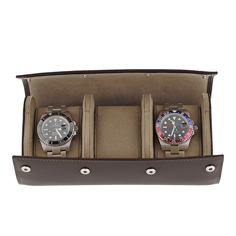 Triple Watch Roll Case in Premium Dark Brown Calf Leather by Aevitas