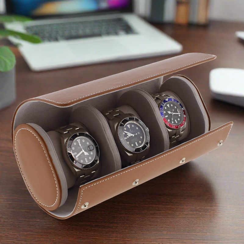 Triple Watch Roll in Medium Brown Leather with Super Soft Lining