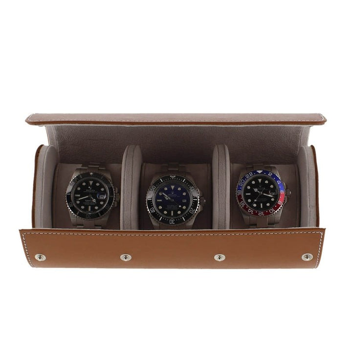 Triple Watch Roll in Medium Brown Leather with Super Soft Lining