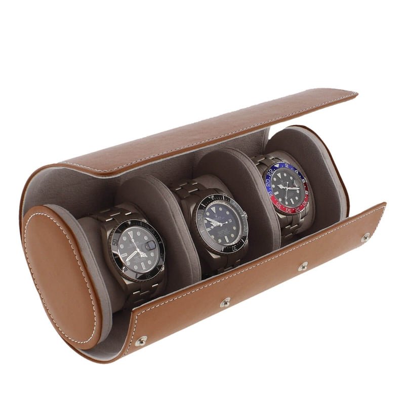 Triple Watch Roll in Medium Brown Leather with Super Soft Lining