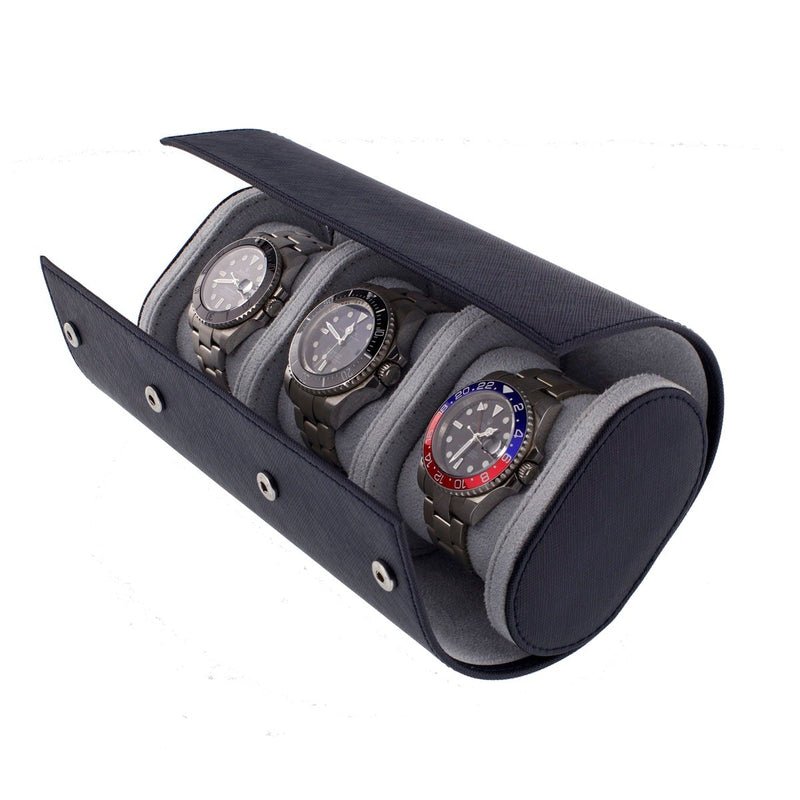 Triple Watch Roll in Navy Blue Saffiano Real Leather with Super Soft Lining