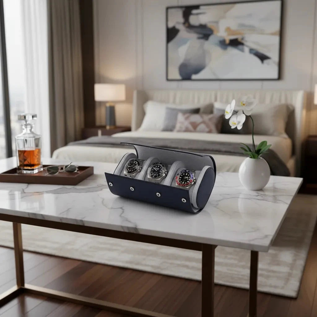 Triple Watch Roll in Navy Blue Saffiano Real Leather with Super Soft Lining