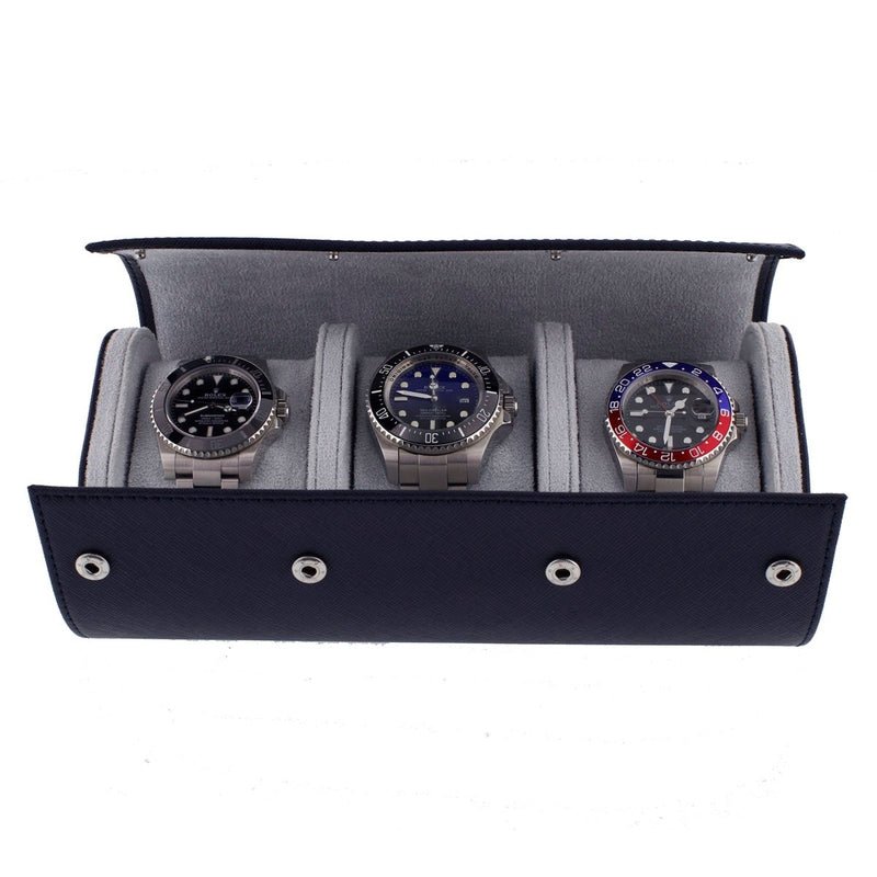 Triple Watch Roll in Navy Blue Saffiano Real Leather with Super Soft Lining
