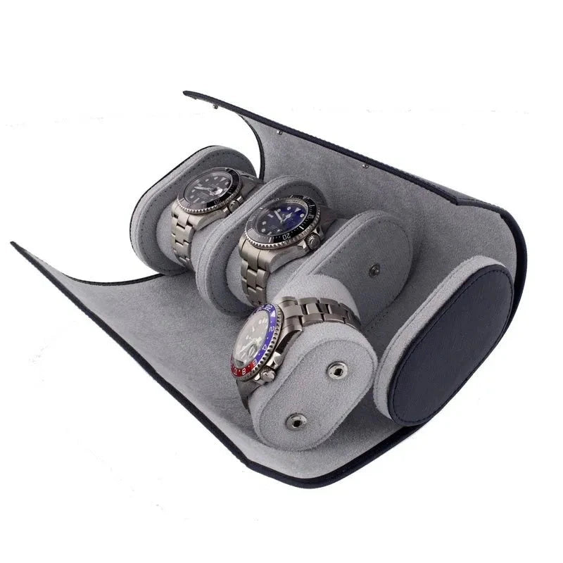 Triple Watch Roll in Navy Blue Saffiano Real Leather with Super Soft Lining