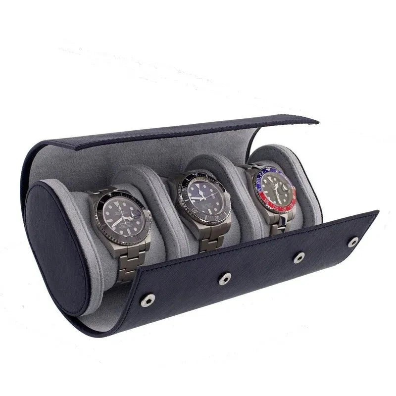 Triple Watch Roll in Navy Blue Saffiano Real Leather with Super Soft Lining