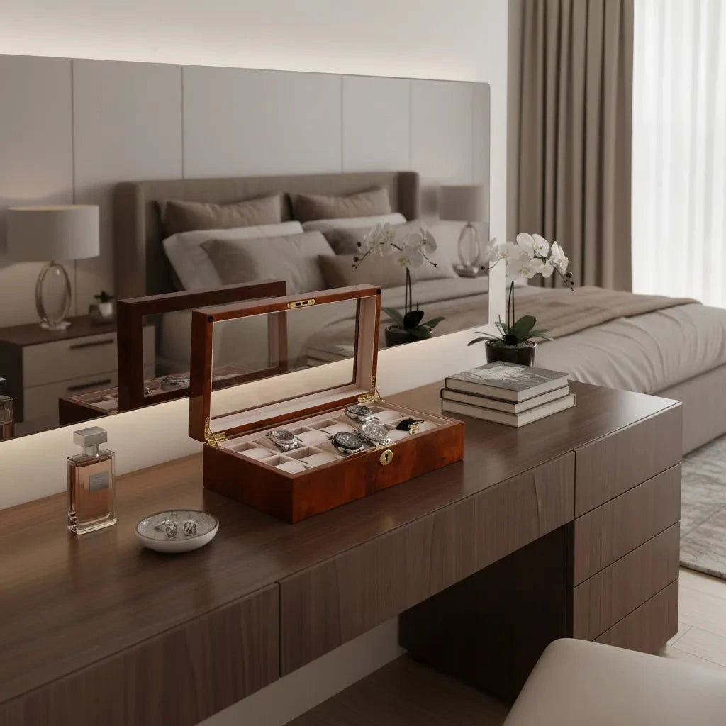 An Aevitas Watch Box for 12 Wrist Watches in Burl Walnut Wood sits atop a wooden dresser alongside perfumes, a jewelry dish, books, and potted orchids in a modern neutral bedroom with a neatly made bed and large mirror.
