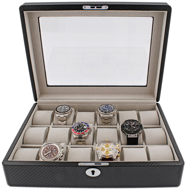 Carbon Fibre Leather Watch Box Premium Quality 18 Watches