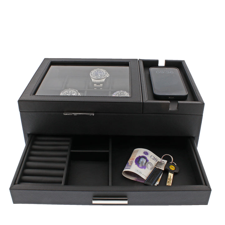 Men's Large Black Valet Tray with 8 Watch Holders by Aevitas