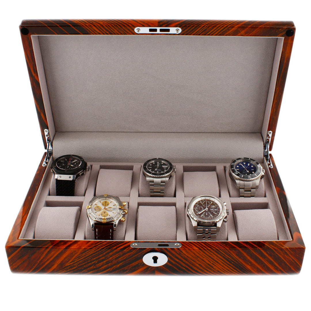 Premium Quality Tiger Striped Wood 10 Watch Box with Solid Lid by Aevitas