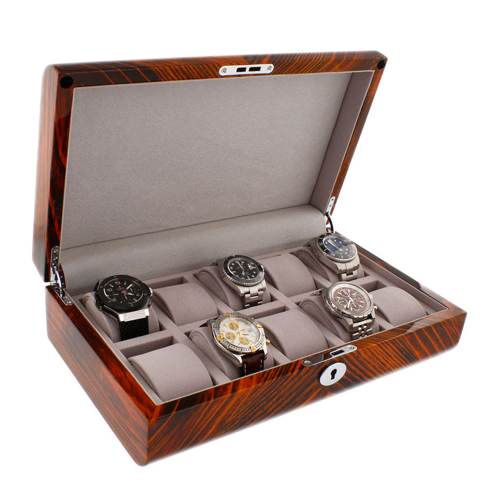 Premium Quality Tiger Striped Wood 10 Watch Box with Solid Lid by Aevitas