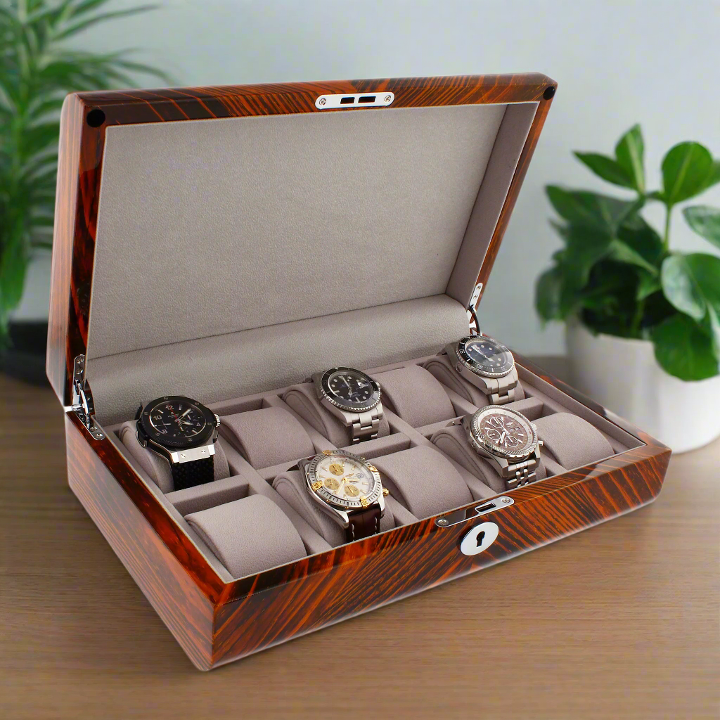 Premium Quality Tiger Striped Wood 10 Watch Box with Solid Lid by Aevitas