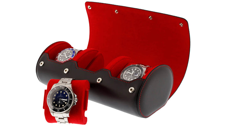 Triple Watch Roll Case Premium Black Nappa Leather with Red Lining by Aevitas