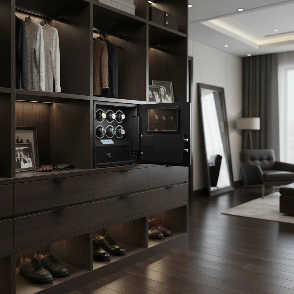 A modern walk-in closet with dark wood shelves, drawers, and shoe cubbies features the Aevitas Watch Winder Safe for 8 Watches Black Edition built into the shelving. Framed photos, clothes, and a chic seating area complete the stylish space.