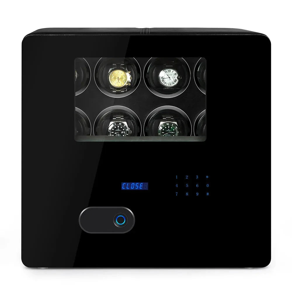 The Aevitas Watch Winder Safe for 8 Watches Black Edition features a digital display, bulletproof glass window, and secure digital locking mechanism.