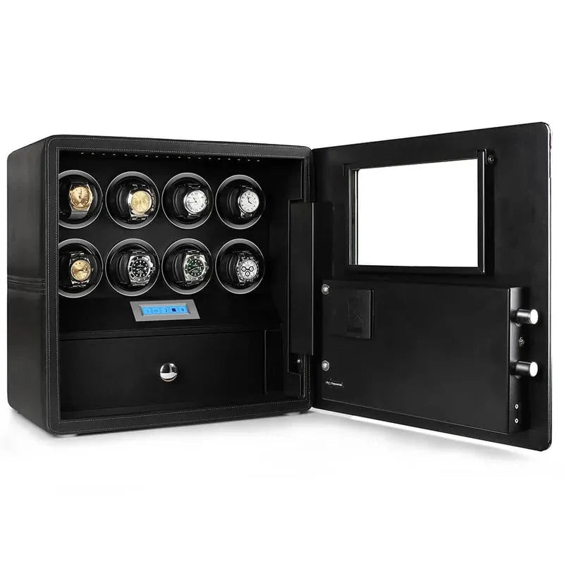 The Watch Winder Safe for 8 Watches Black Edition by Aevitas features a digital lock, open door displaying eight watches on rotating holders, a digital display panel, and an internal drawer.