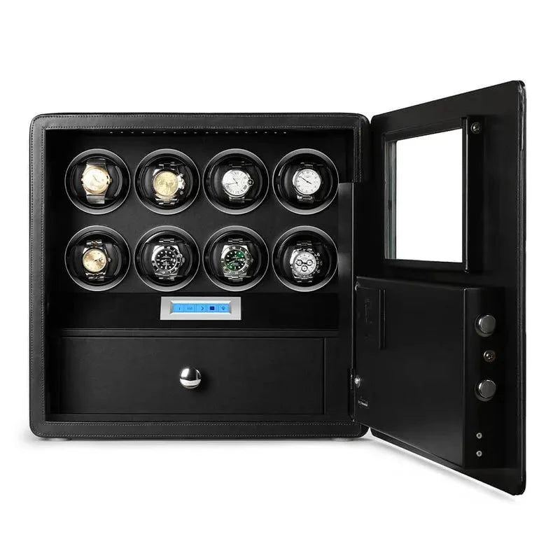The Aevitas Watch Winder Safe for 8 Watches Black Edition showcases eight watches in rotating slots, with a digital lock, electronic control panel, storage drawer, and an open door revealing a mirror and interior controls.