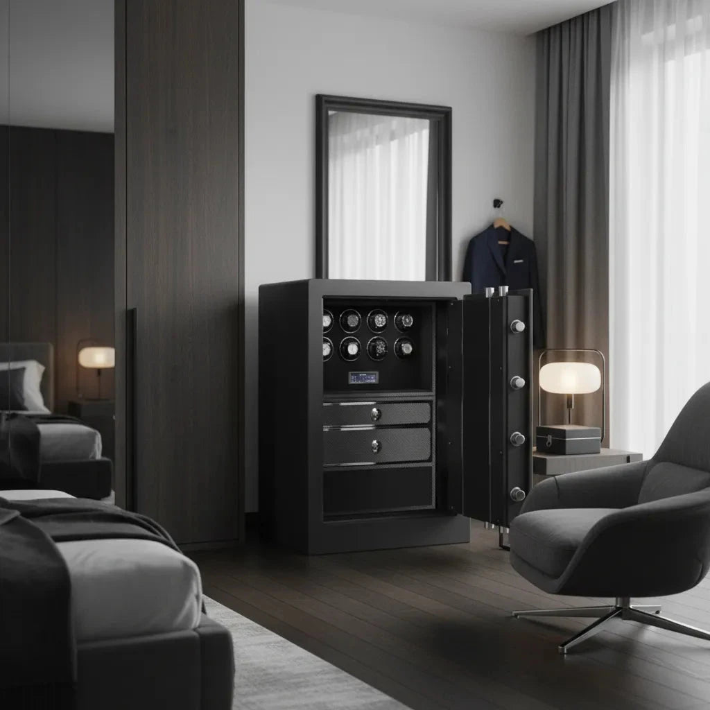 Watch Winder Safe for 8 Watches Insurance Rated with Extra Storage by Aevitas